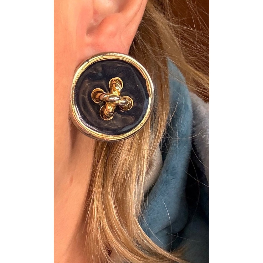Vintage Navy Blue Enamel Button Clip On Earrings Gold Silver Mixed Metal Knot